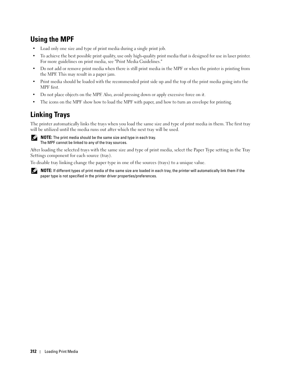 Using the mpf, Linking trays | Dell C3765dnf Color Laser Printer User Manual | Page 314 / 578