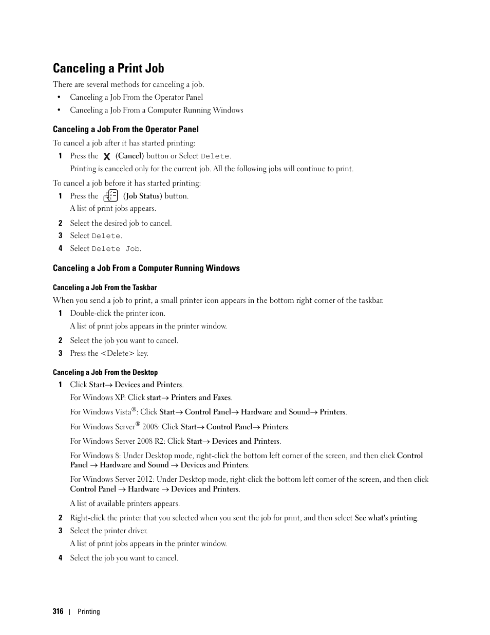 Canceling a print job, Canceling a job from the operator panel, Canceling a job from a computer running windows | Dell C3765dnf Color Laser Printer User Manual | Page 318 / 578