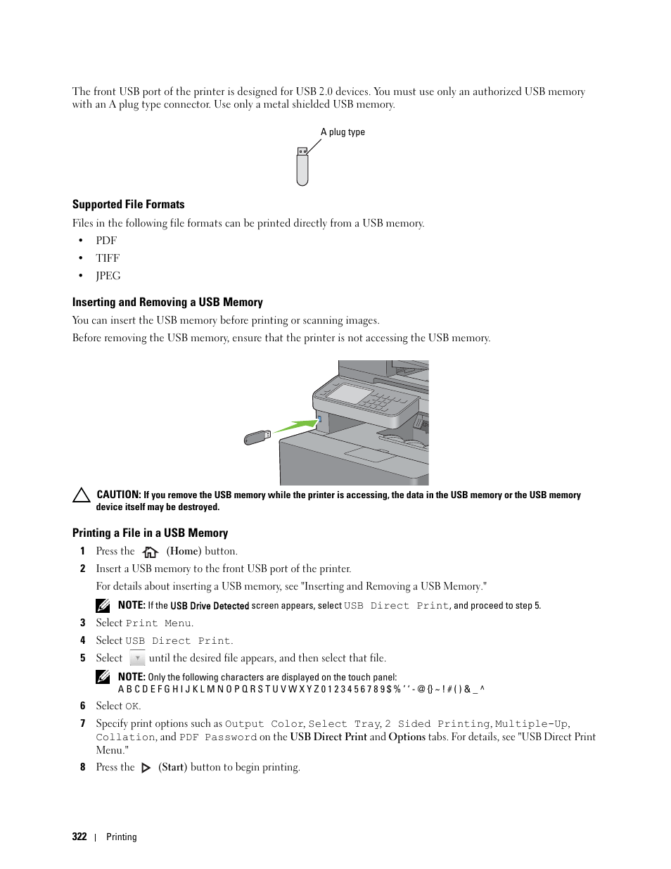 Supported file formats, Inserting and removing a usb memory, Printing a file in a usb memory | Dell C3765dnf Color Laser Printer User Manual | Page 324 / 578