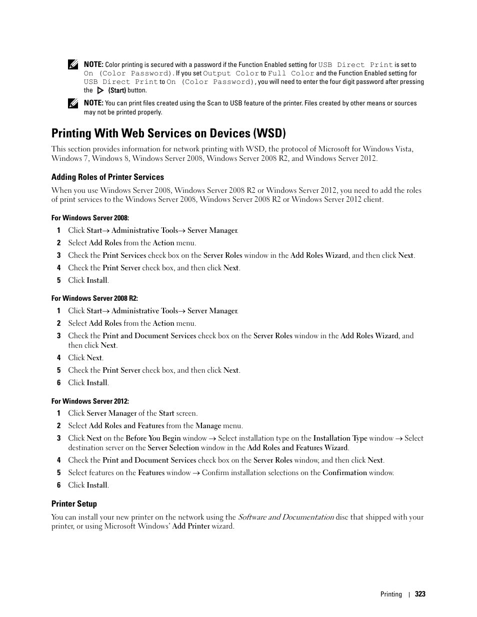 Printing with web services on devices (wsd), Adding roles of printer services, Printer setup | Dell C3765dnf Color Laser Printer User Manual | Page 325 / 578