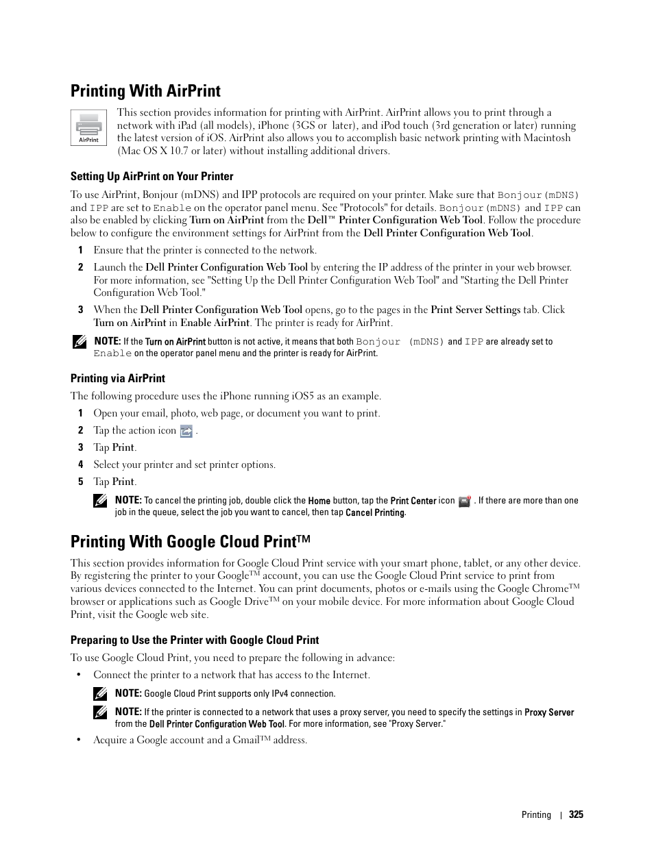Printing with airprint, Setting up airprint on your printer, Printing via airprint | Printing with google cloud print | Dell C3765dnf Color Laser Printer User Manual | Page 327 / 578