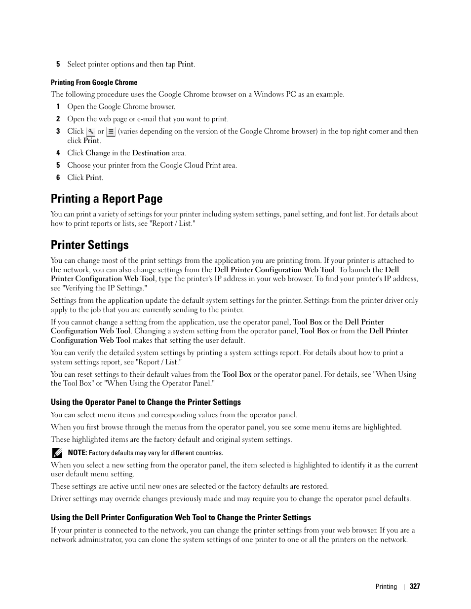 Printer settings, Printing a report page | Dell C3765dnf Color Laser Printer User Manual | Page 329 / 578