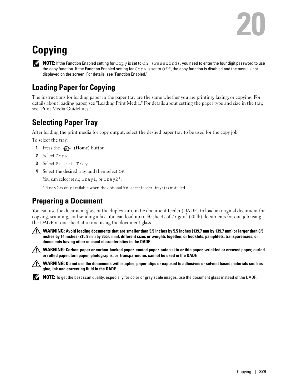 Copying, Loading paper for copying, Selecting paper tray | Preparing a document, Ion, see "copying, 20 copying | Dell C3765dnf Color Laser Printer User Manual | Page 331 / 578