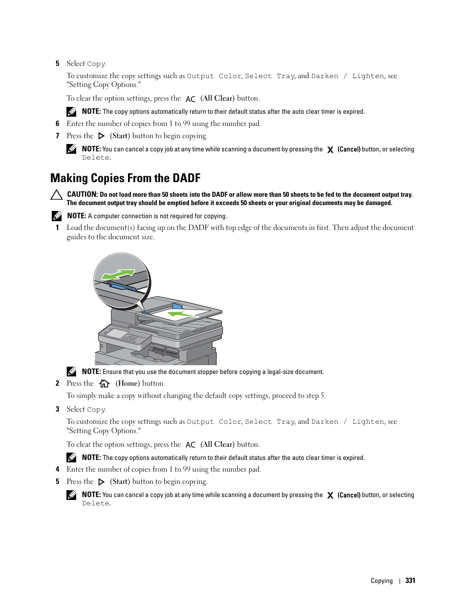 Making copies from the dadf | Dell C3765dnf Color Laser Printer User Manual | Page 333 / 578