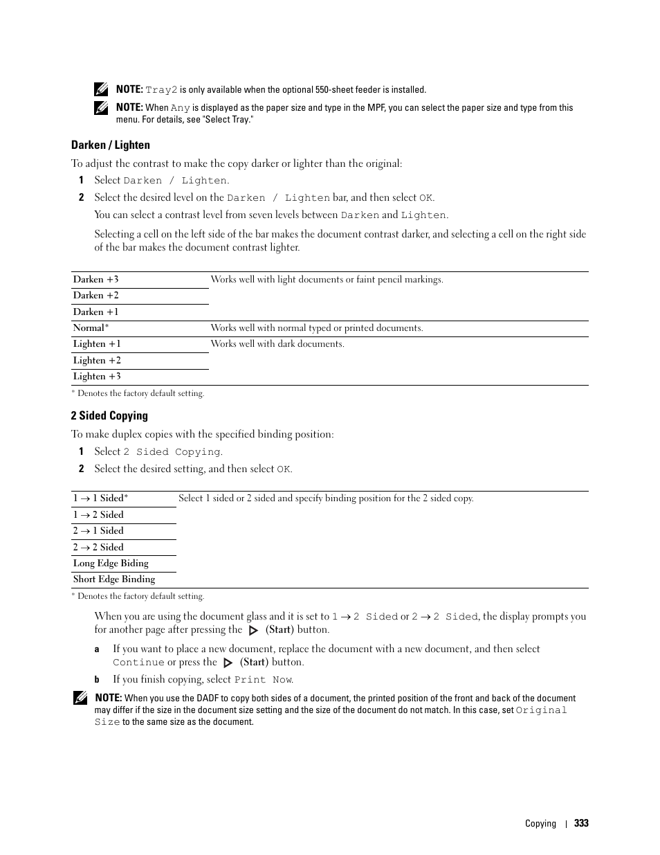 Darken / lighten, 2 sided copying, Sided copying | Dell C3765dnf Color Laser Printer User Manual | Page 335 / 578