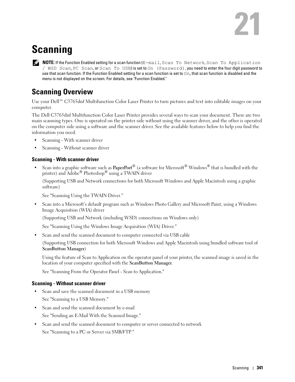 Scanning, Scanning overview, Scanning - with scanner driver | Scanning - without scanner driver, N, see "scanning, 21 scanning | Dell C3765dnf Color Laser Printer User Manual | Page 343 / 578