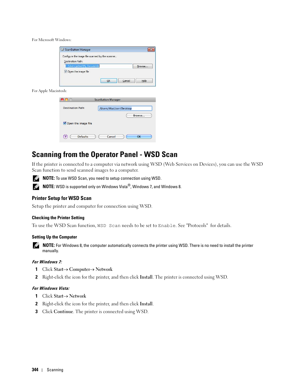 Scanning from the operator panel - wsd scan, Printer setup for wsd scan | Dell C3765dnf Color Laser Printer User Manual | Page 346 / 578
