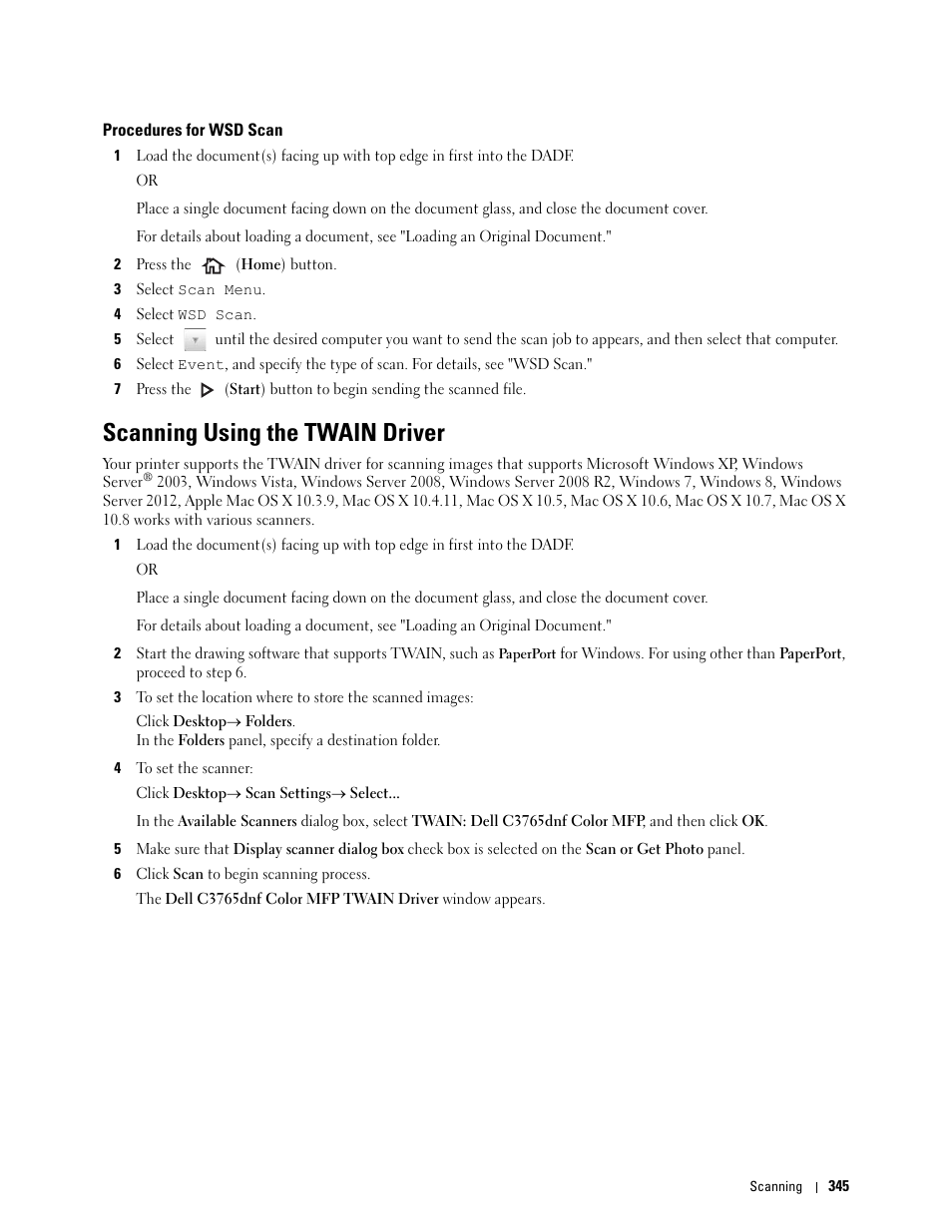 Procedures for wsd scan, Scanning using the twain driver, See "scanning using the twain driver | Dell C3765dnf Color Laser Printer User Manual | Page 347 / 578
