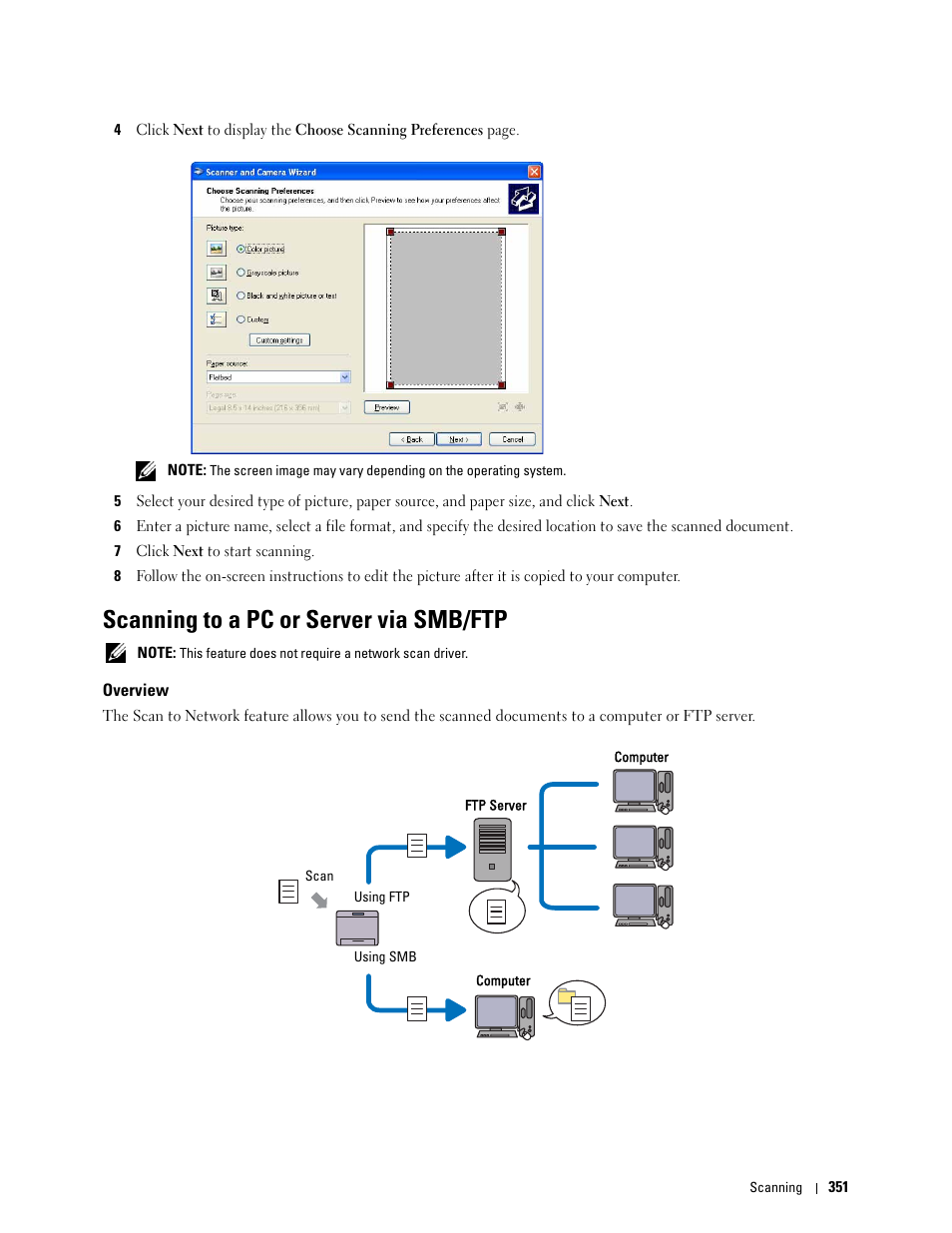 Scanning to a pc or server via smb/ftp, Overview | Dell C3765dnf Color Laser Printer User Manual | Page 353 / 578