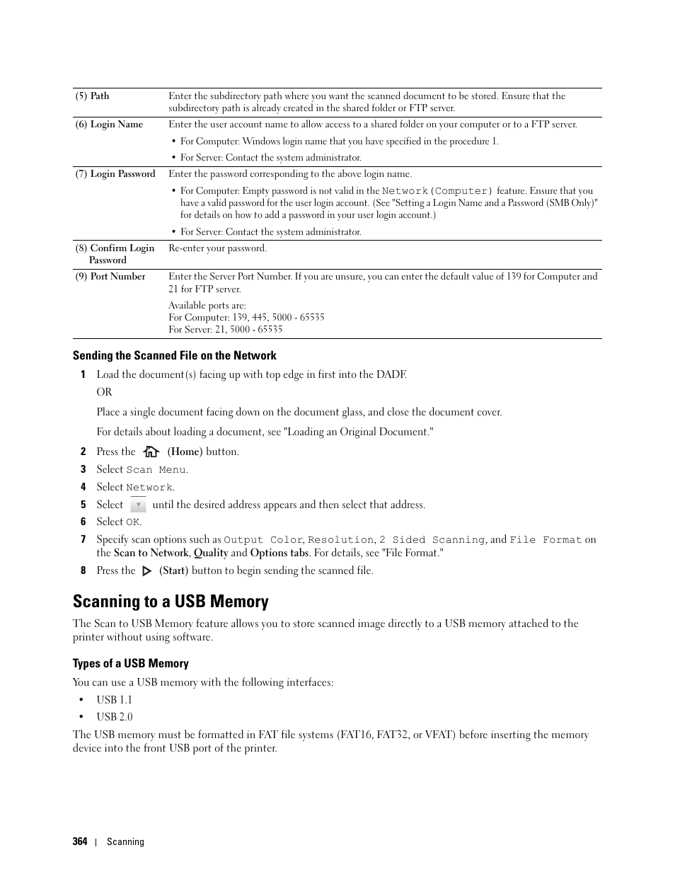 Sending the scanned file on the network, Scanning to a usb memory, Types of a usb memory | See "scanning to a usb memory | Dell C3765dnf Color Laser Printer User Manual | Page 366 / 578