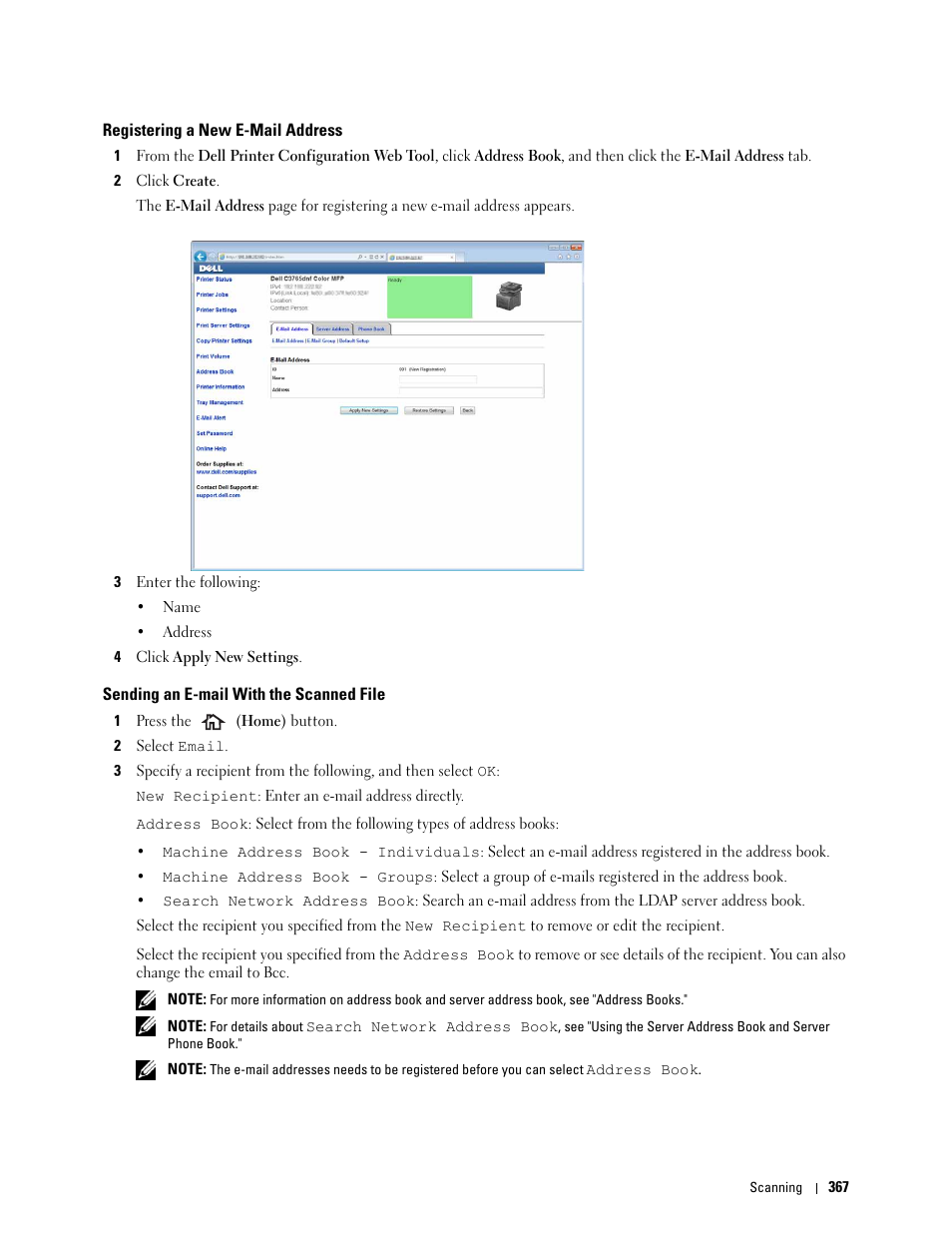 Registering a new e-mail address, Sending an e-mail with the scanned file | Dell C3765dnf Color Laser Printer User Manual | Page 369 / 578