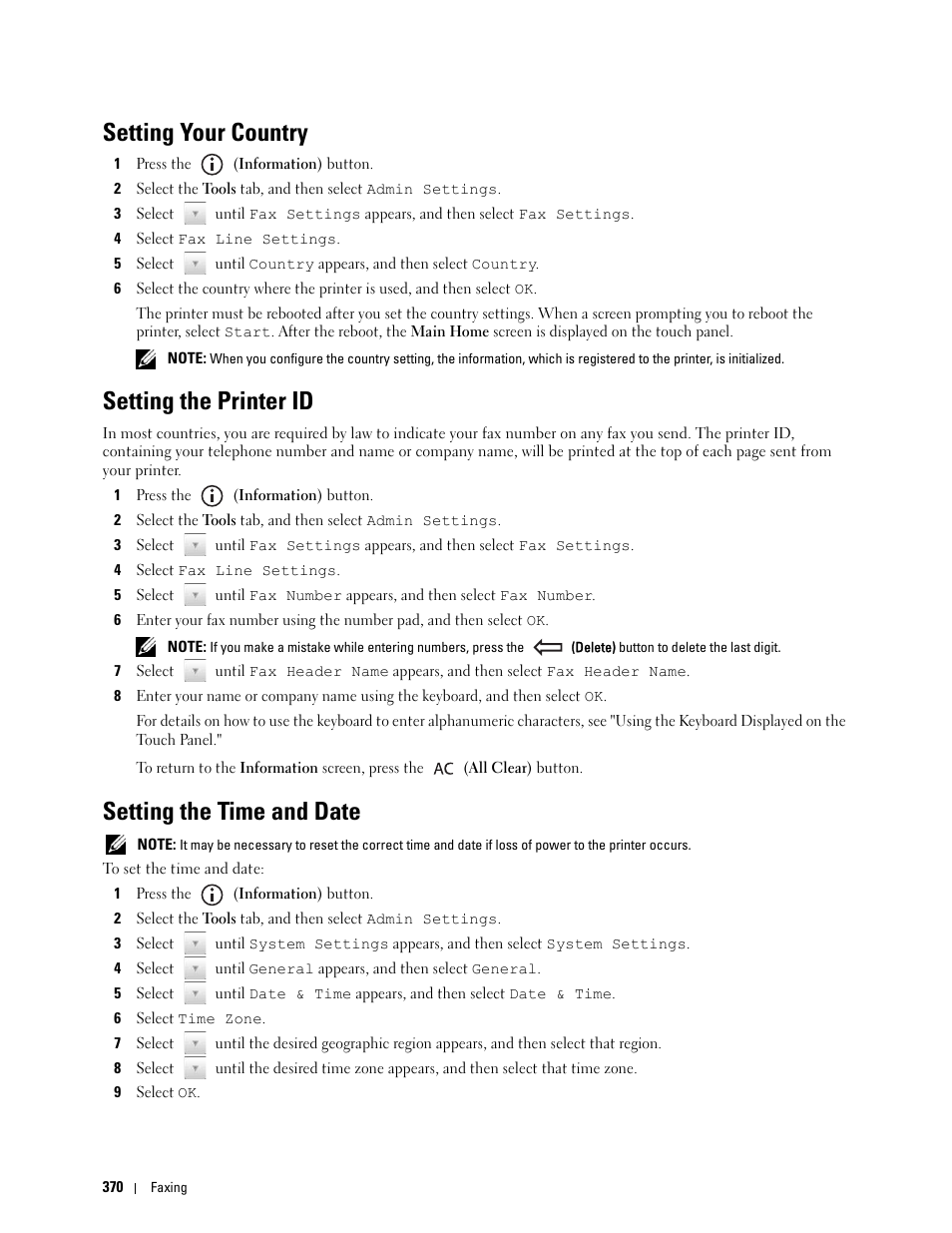 Setting your country, Setting the printer id, Setting the time and date | Dell C3765dnf Color Laser Printer User Manual | Page 372 / 578