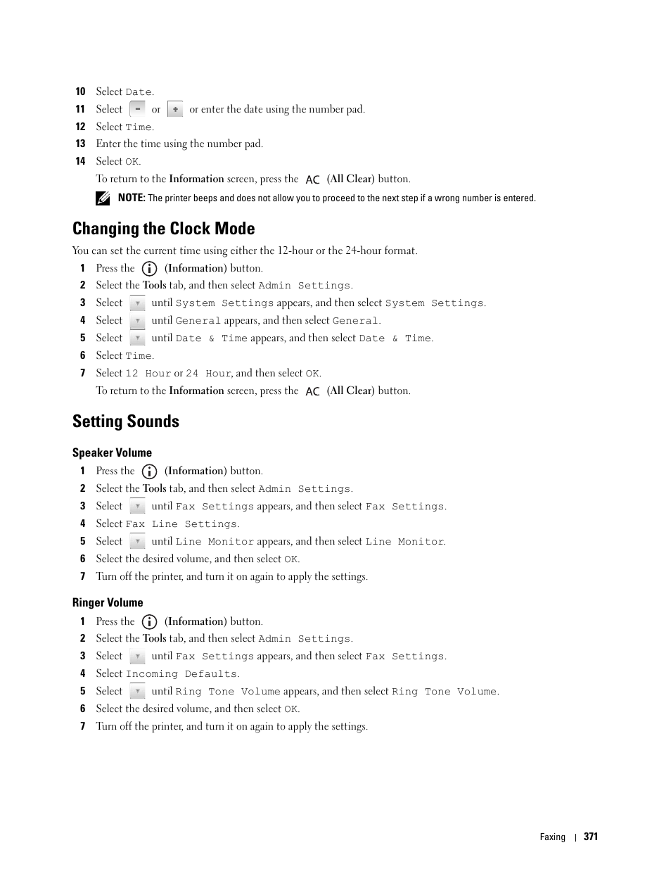 Changing the clock mode, Setting sounds, Speaker volume | Ringer volume | Dell C3765dnf Color Laser Printer User Manual | Page 373 / 578