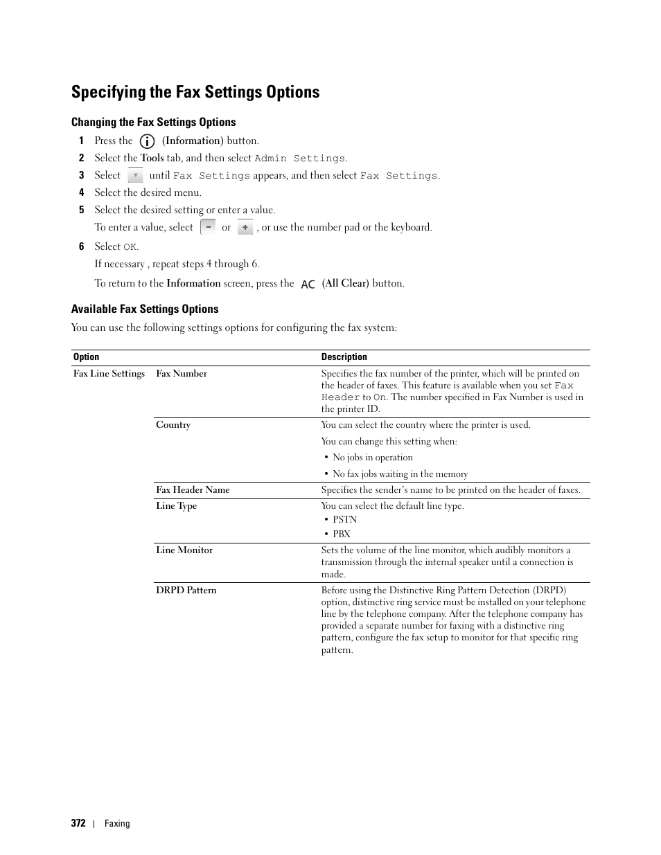 Specifying the fax settings options, Changing the fax settings options, Available fax settings options | Dell C3765dnf Color Laser Printer User Manual | Page 374 / 578