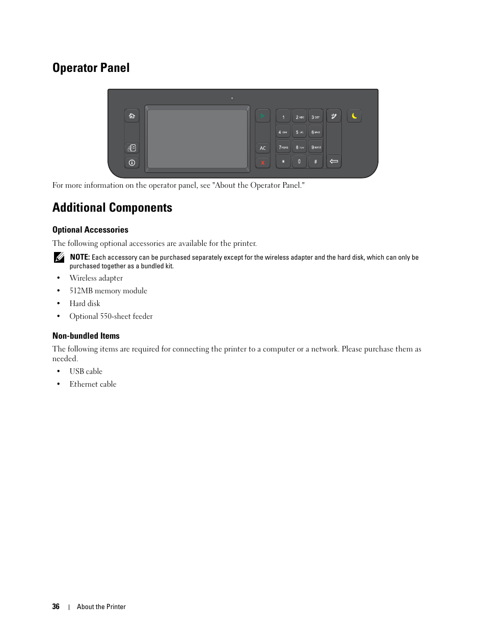 Operator panel, Additional components, Optional accessories | Non-bundled items | Dell C3765dnf Color Laser Printer User Manual | Page 38 / 578