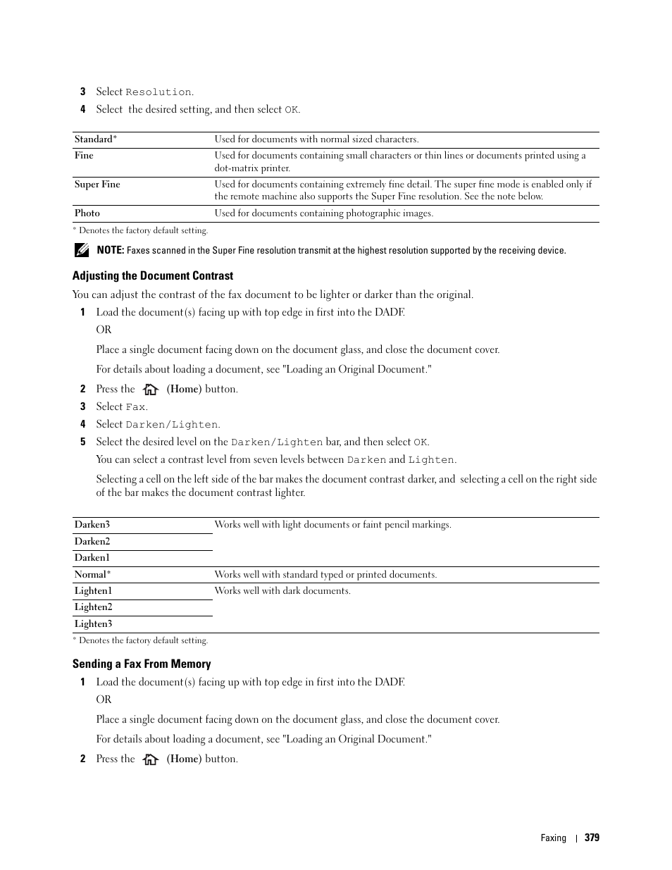 Adjusting the document contrast, Sending a fax from memory | Dell C3765dnf Color Laser Printer User Manual | Page 381 / 578