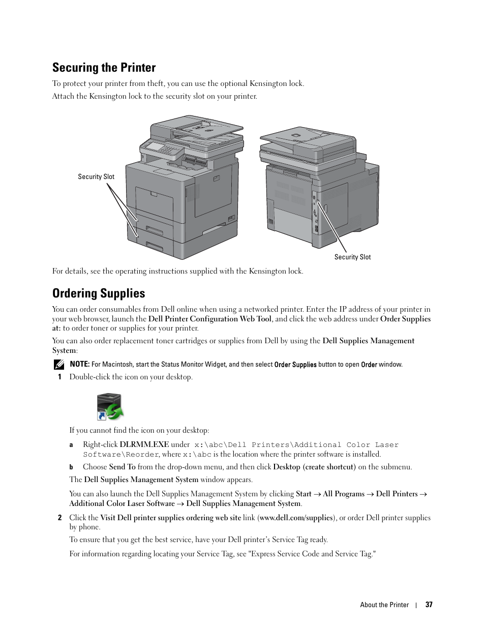 Securing the printer, Ordering supplies | Dell C3765dnf Color Laser Printer User Manual | Page 39 / 578