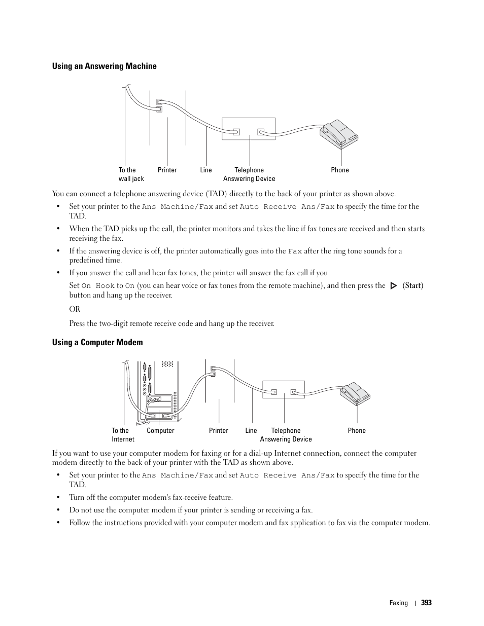 Using an answering machine, Using a computer modem | Dell C3765dnf Color Laser Printer User Manual | Page 395 / 578