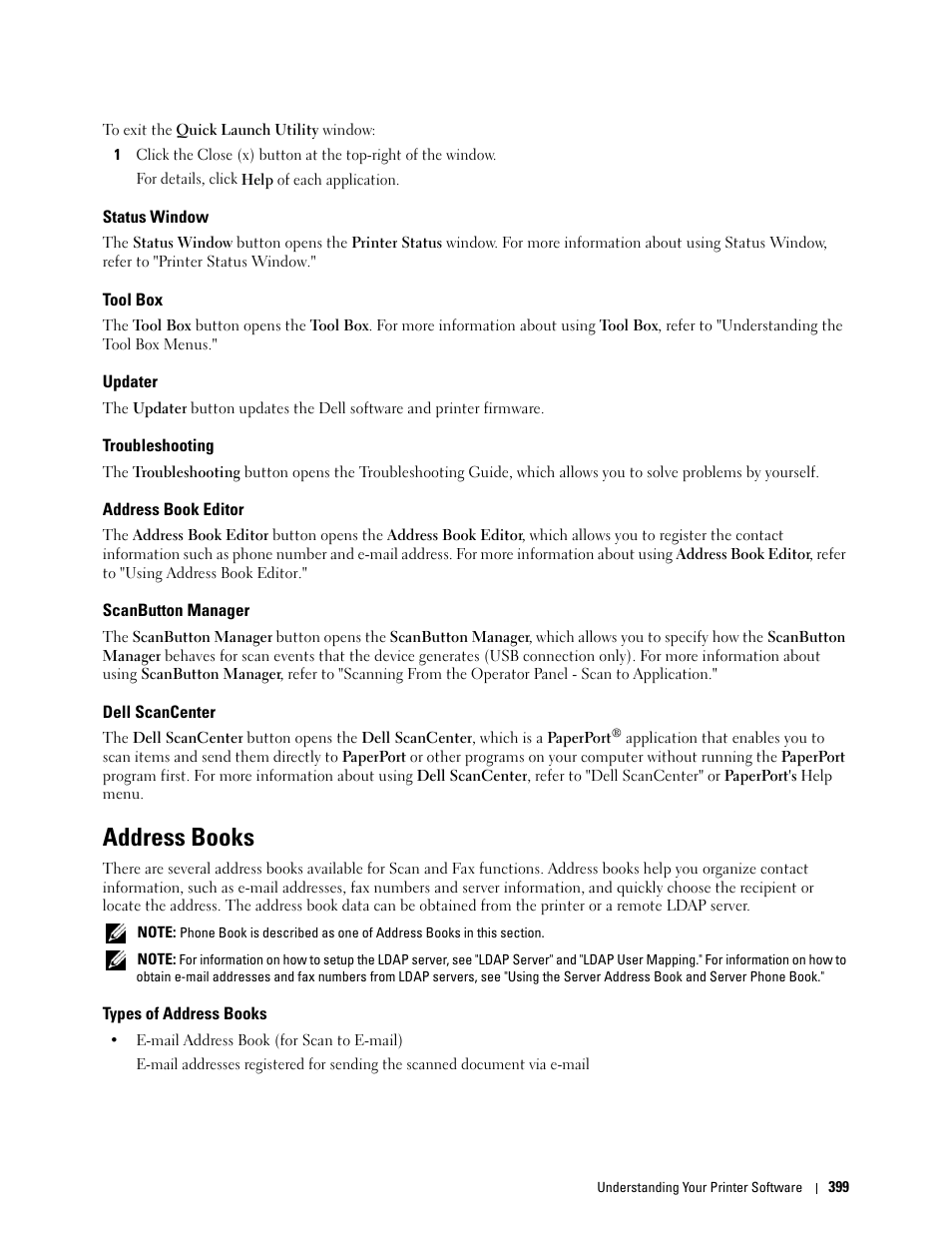 Status window, Tool box, Updater | Troubleshooting, Address book editor, Scanbutton manager, Dell scancenter, Address books, Types of address books, See "scanbutton | Dell C3765dnf Color Laser Printer User Manual | Page 401 / 578