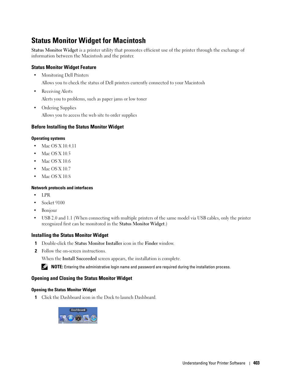 Status monitor widget for macintosh, Status monitor widget feature, Before installing the status monitor widget | Installing the status monitor widget, Opening and closing the status monitor widget | Dell C3765dnf Color Laser Printer User Manual | Page 405 / 578