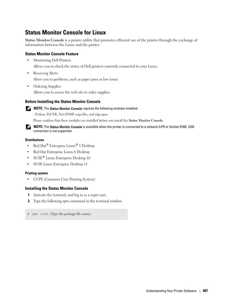 Status monitor console for linux, Status monitor console feature, Before installing the status monitor console | Installing the status monitor console | Dell C3765dnf Color Laser Printer User Manual | Page 409 / 578