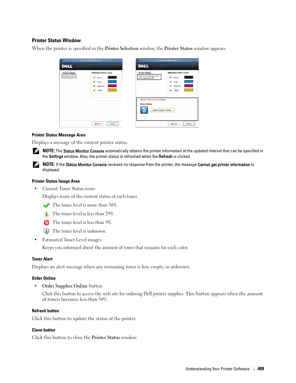 Printer status window | Dell C3765dnf Color Laser Printer User Manual | Page 411 / 578