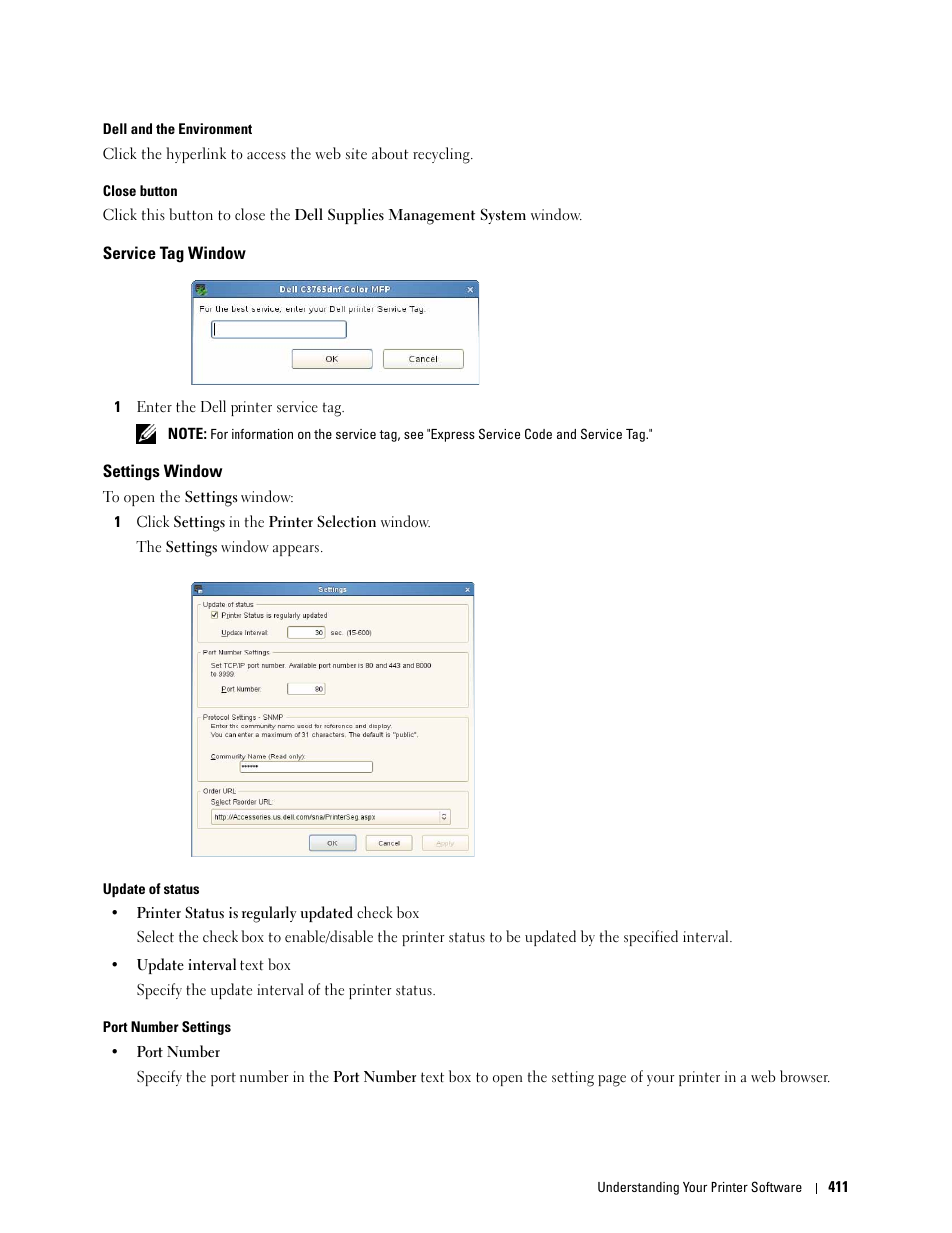 Service tag window, Settings window | Dell C3765dnf Color Laser Printer User Manual | Page 413 / 578