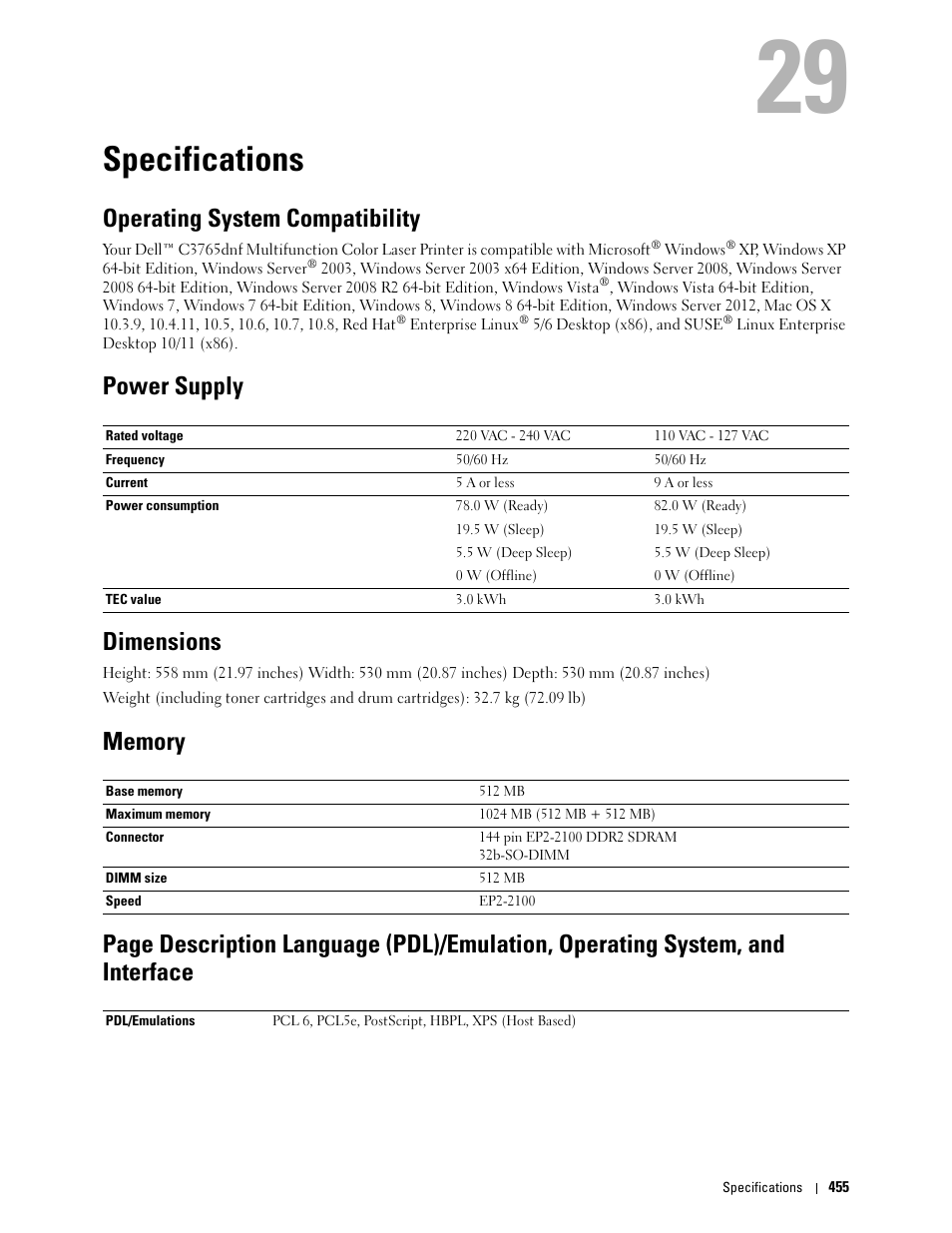 Specifications, Operating system compatibility, Power supply | Dimensions, Memory, 29 specifications, Power supply dimensions | Dell C3765dnf Color Laser Printer User Manual | Page 457 / 578