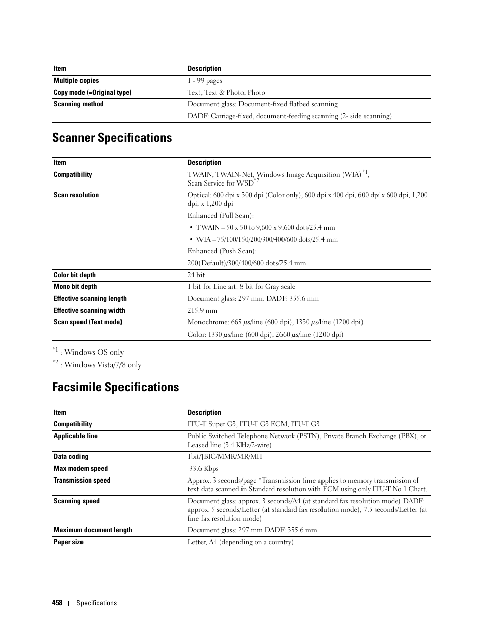 Scanner specifications, Facsimile specifications | Dell C3765dnf Color Laser Printer User Manual | Page 460 / 578