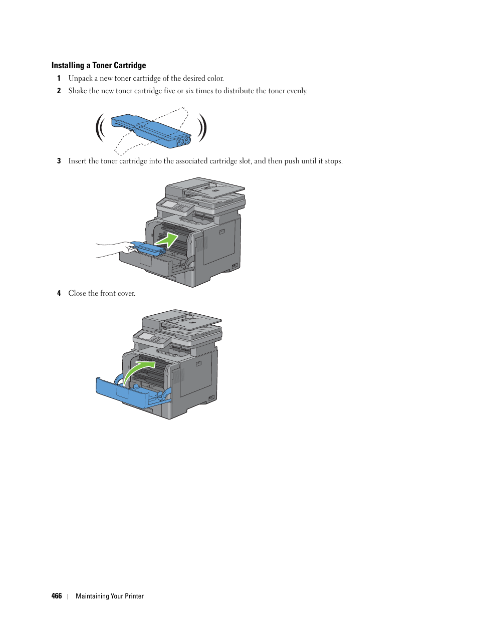 Installing a toner cartridge | Dell C3765dnf Color Laser Printer User Manual | Page 468 / 578