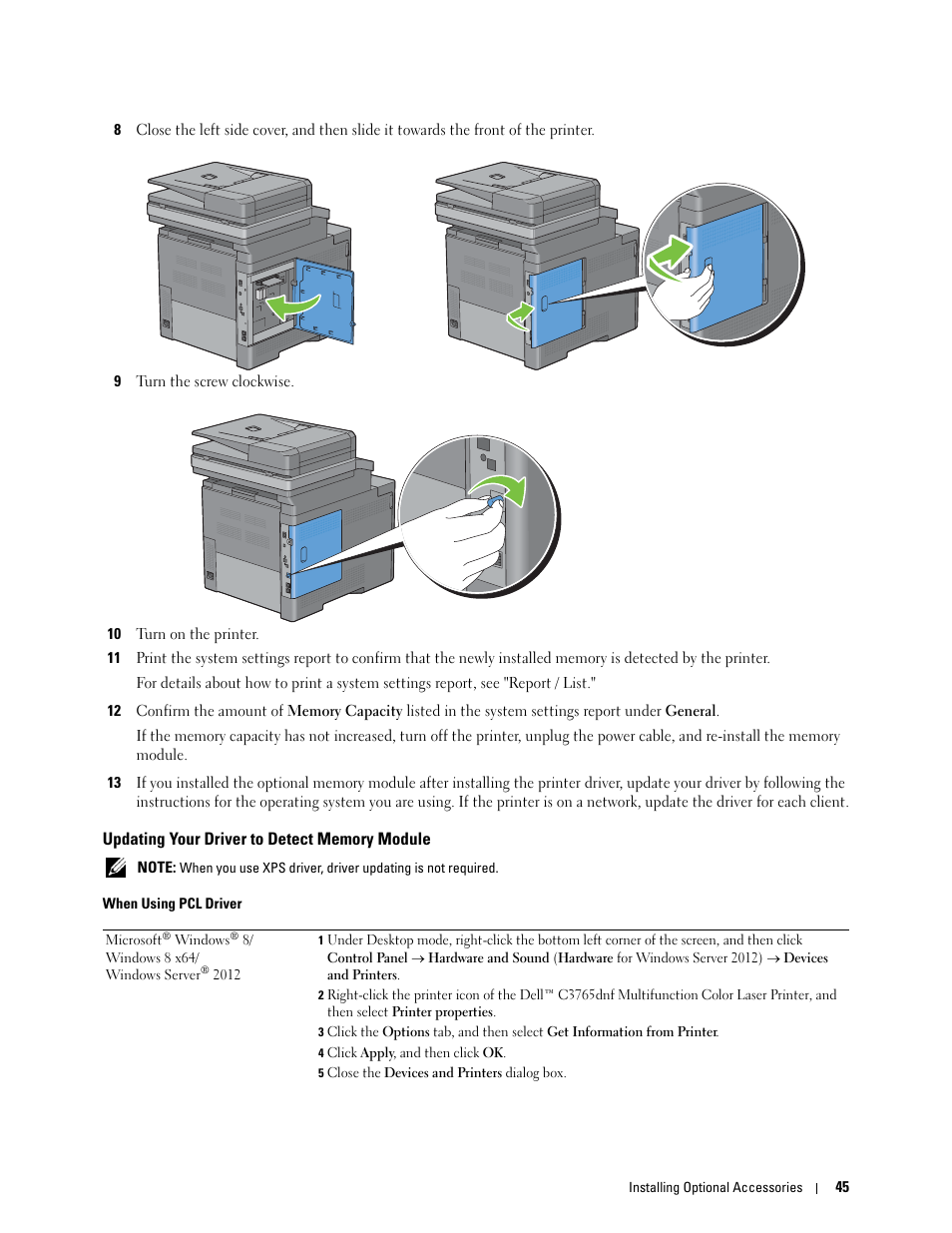 Updating your driver to detect memory module | Dell C3765dnf Color Laser Printer User Manual | Page 47 / 578
