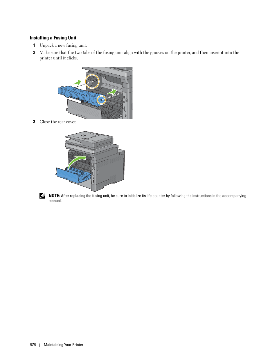 Installing a fusing unit | Dell C3765dnf Color Laser Printer User Manual | Page 476 / 578