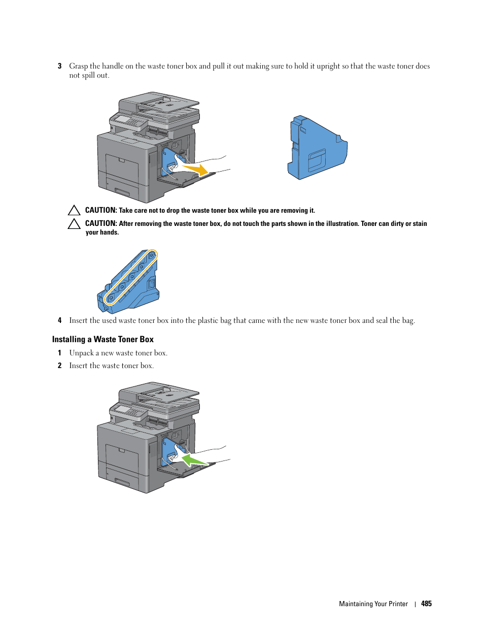 Installing a waste toner box | Dell C3765dnf Color Laser Printer User Manual | Page 487 / 578