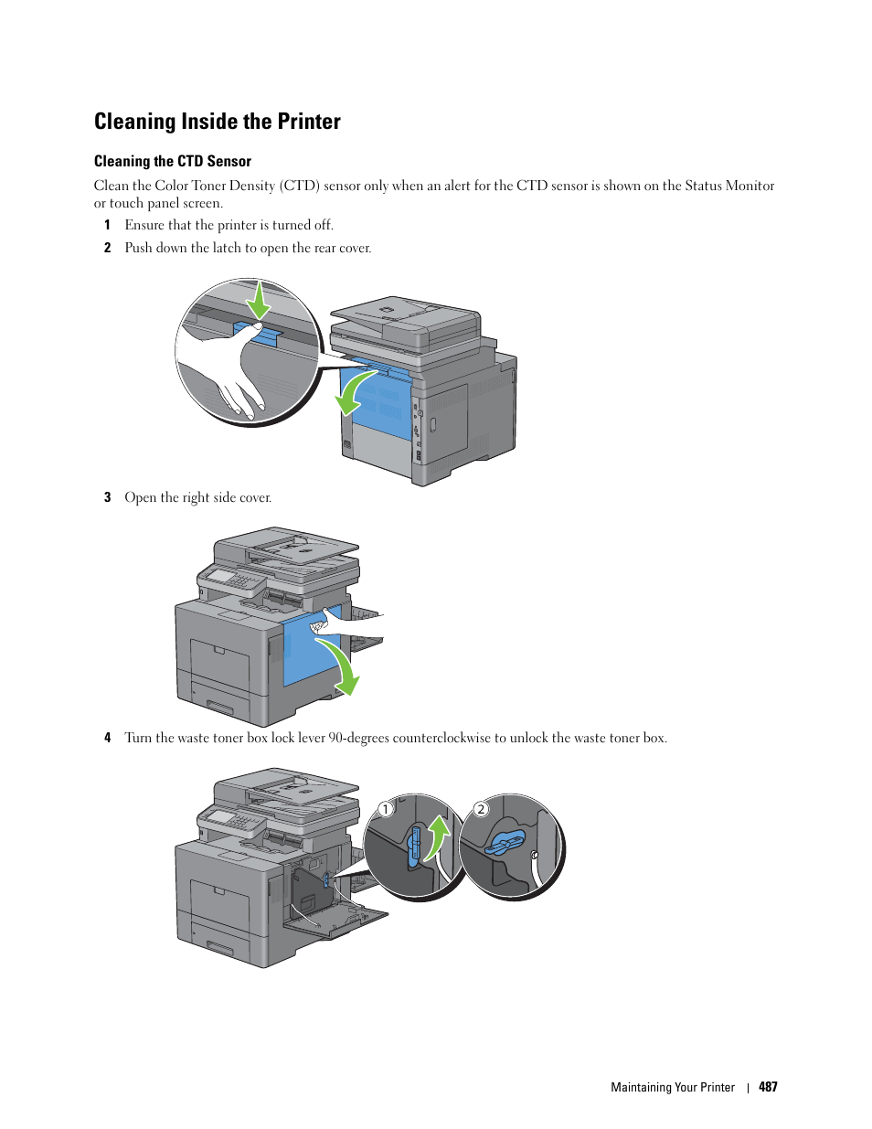 Cleaning inside the printer, Cleaning the ctd sensor | Dell C3765dnf Color Laser Printer User Manual | Page 489 / 578