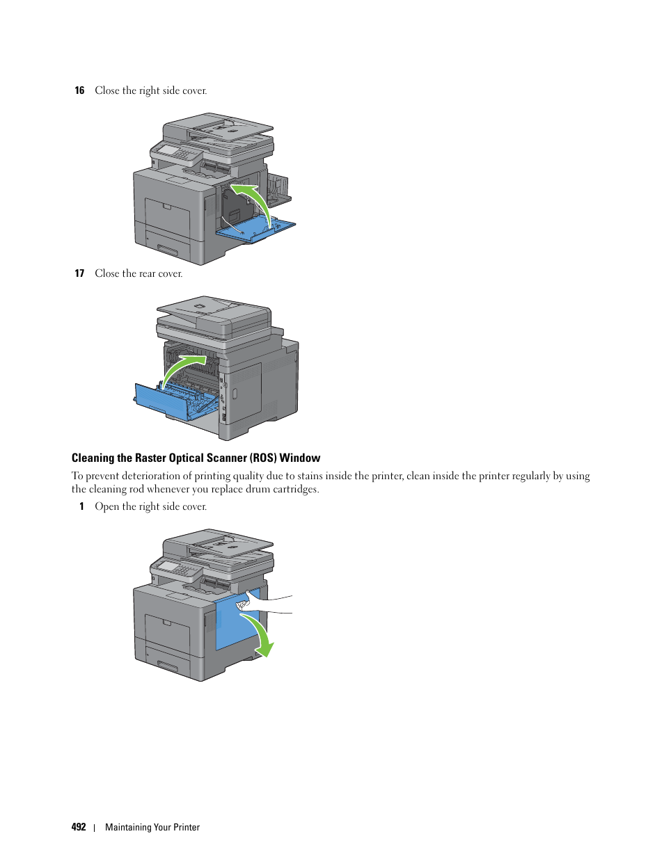 Cleaning the raster optical scanner (ros) window | Dell C3765dnf Color Laser Printer User Manual | Page 494 / 578