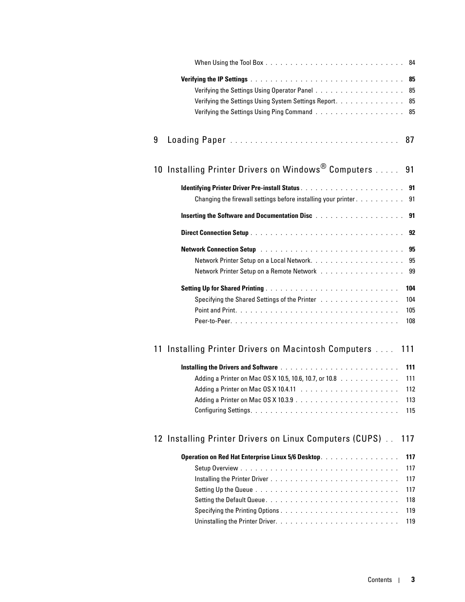 9 loading paper 87, 9 loading paper, 87 10 installing printer drivers on windows | Computers | Dell C3765dnf Color Laser Printer User Manual | Page 5 / 578
