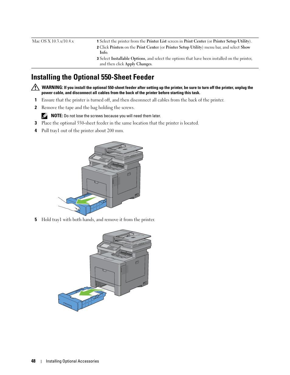 Installing the optional 550-sheet feeder | Dell C3765dnf Color Laser Printer User Manual | Page 50 / 578
