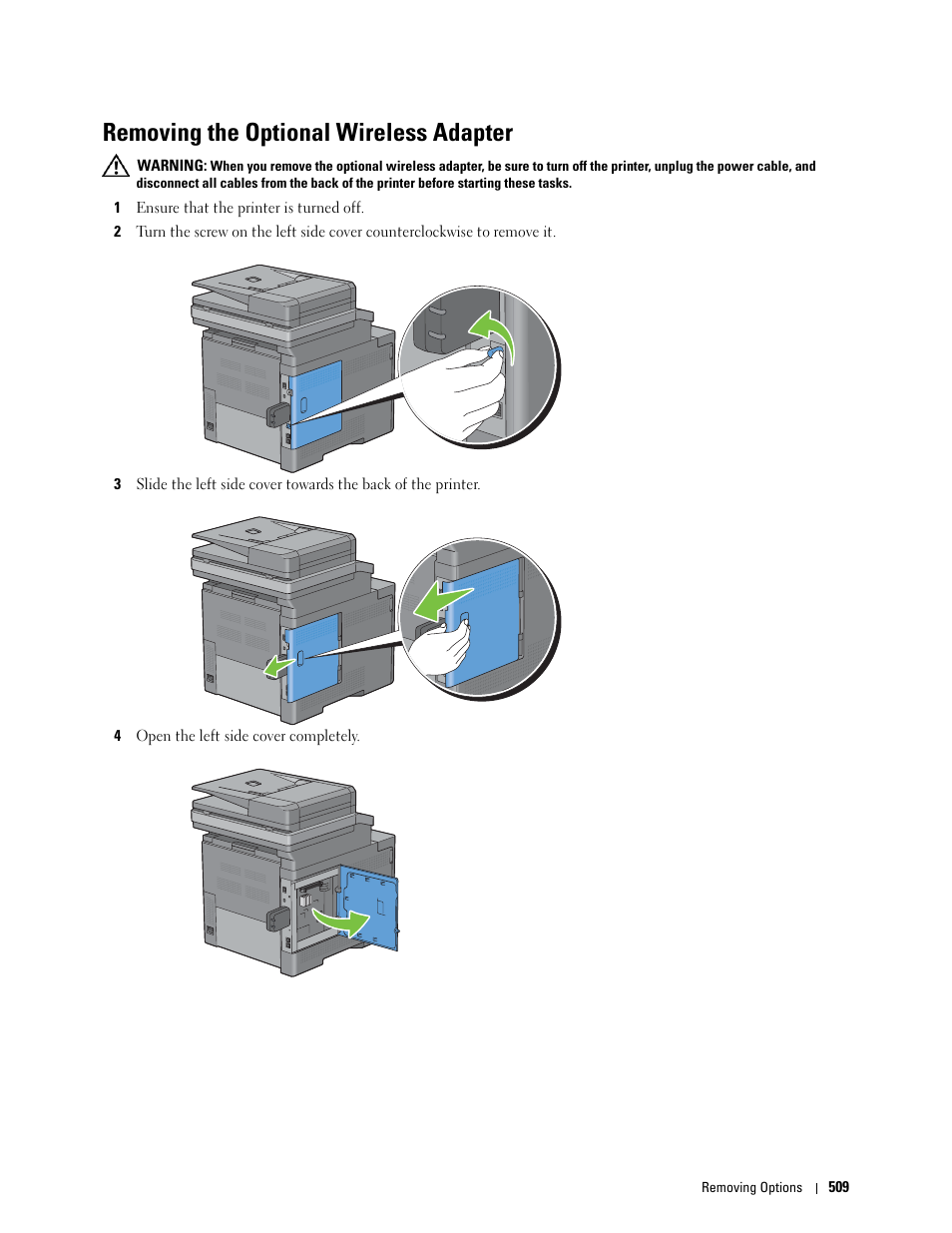 Removing the optional wireless adapter | Dell C3765dnf Color Laser Printer User Manual | Page 511 / 578