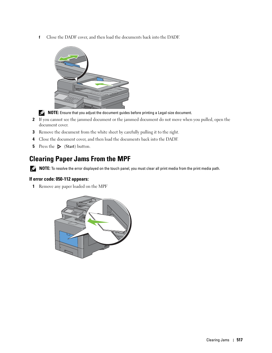 Clearing paper jams from the mpf, If error code: 050-112 appears | Dell C3765dnf Color Laser Printer User Manual | Page 519 / 578