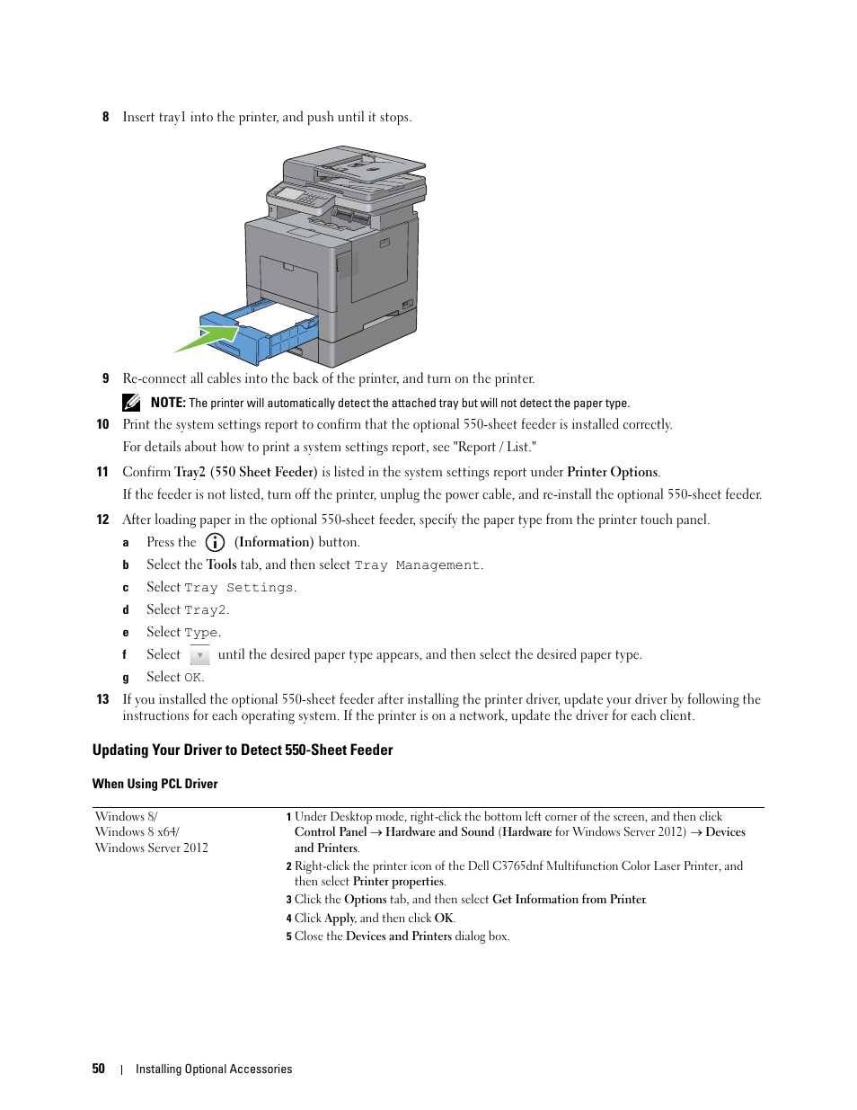Updating your driver to detect 550-sheet feeder | Dell C3765dnf Color Laser Printer User Manual | Page 52 / 578