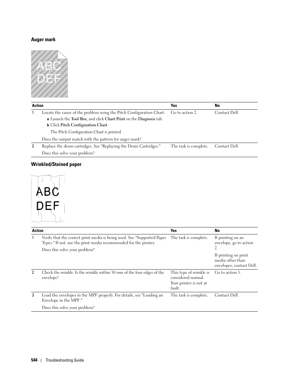 Auger mark, Wrinkled/stained paper | Dell C3765dnf Color Laser Printer User Manual | Page 546 / 578