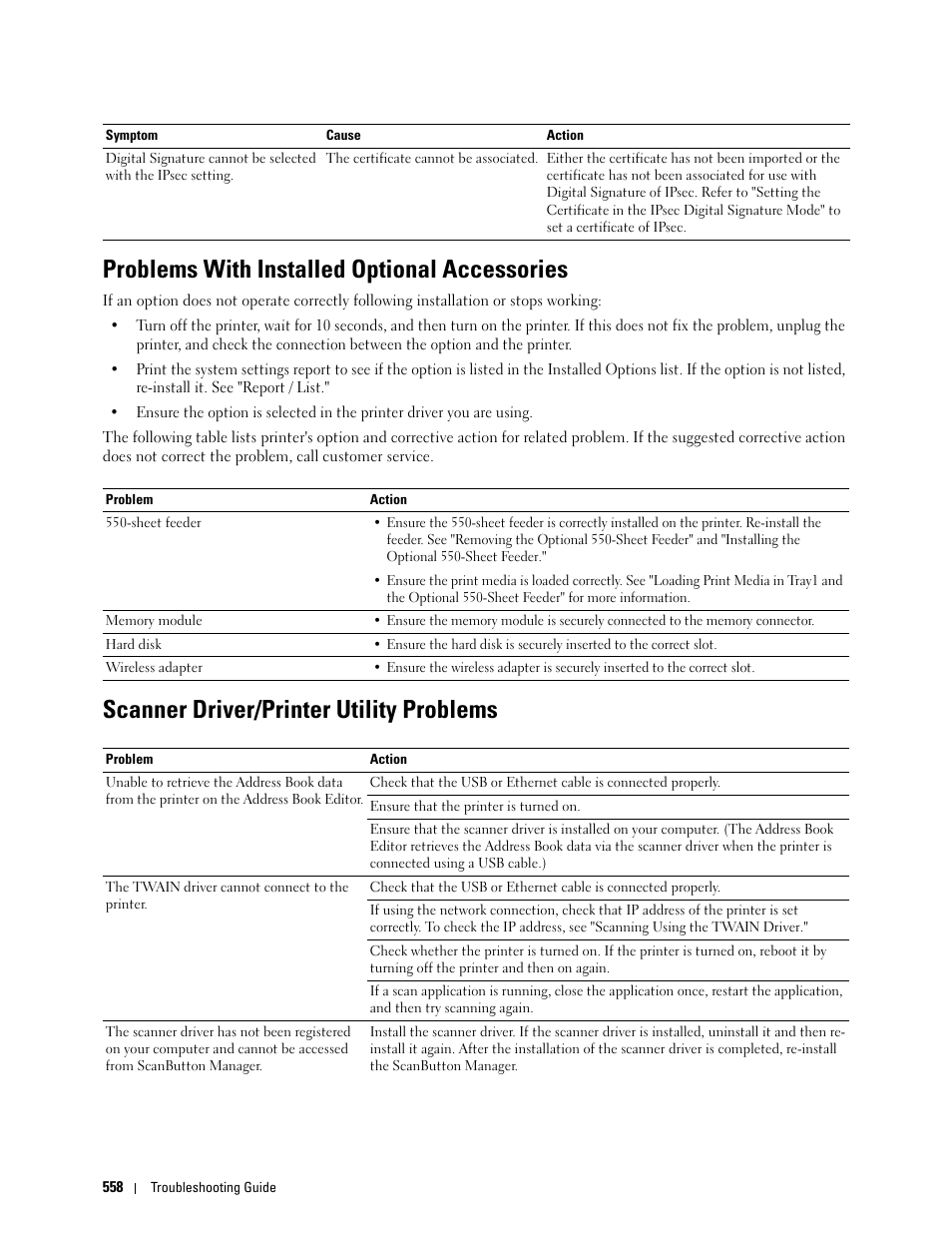 Problems with installed optional accessories, Scanner driver/printer utility problems | Dell C3765dnf Color Laser Printer User Manual | Page 560 / 578