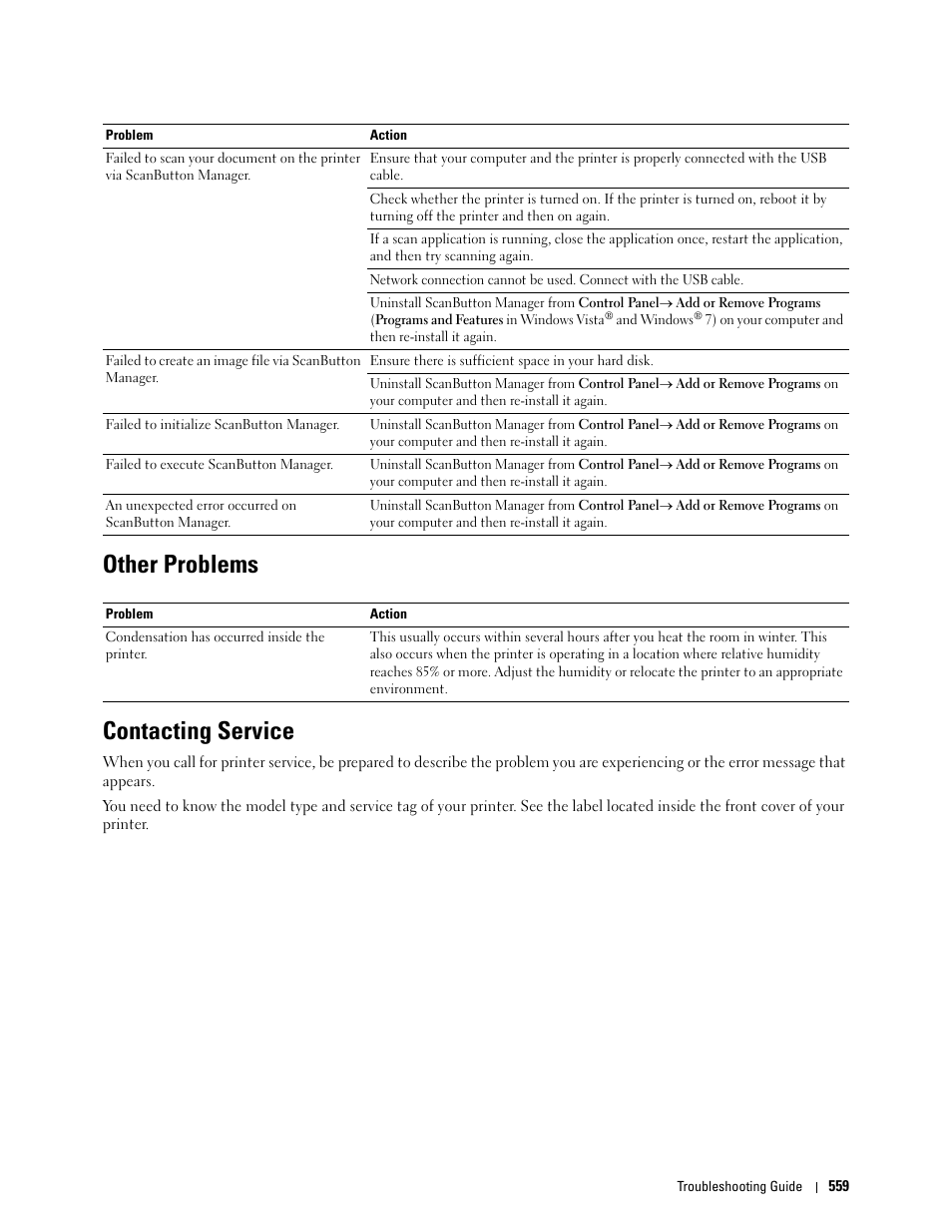 Other problems, Contacting service, Other problems contacting service | Dell C3765dnf Color Laser Printer User Manual | Page 561 / 578