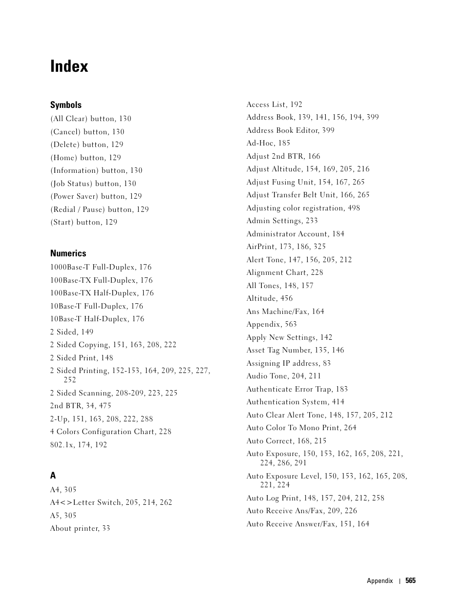 Index, Symbols, Numerics | Dell C3765dnf Color Laser Printer User Manual | Page 567 / 578