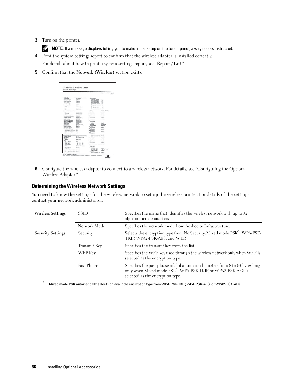 Determining the wireless network settings | Dell C3765dnf Color Laser Printer User Manual | Page 58 / 578
