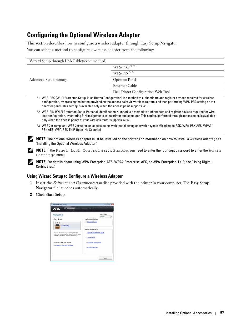 Configuring the optional wireless adapter, Using wizard setup to configure a wireless adapter | Dell C3765dnf Color Laser Printer User Manual | Page 59 / 578