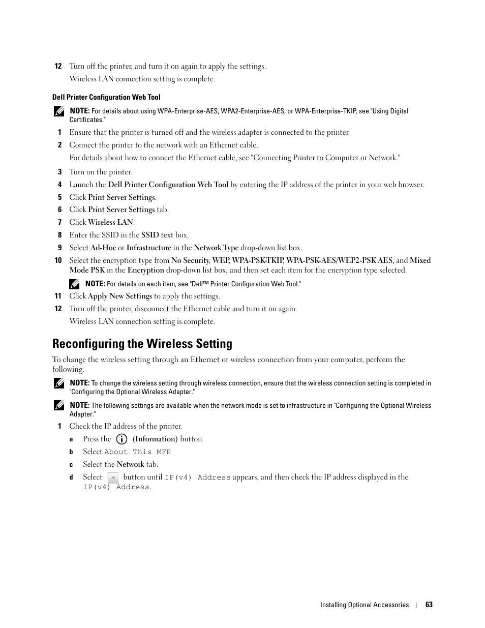 Reconfiguring the wireless setting, Dell printer configuration web tool | Dell C3765dnf Color Laser Printer User Manual | Page 65 / 578