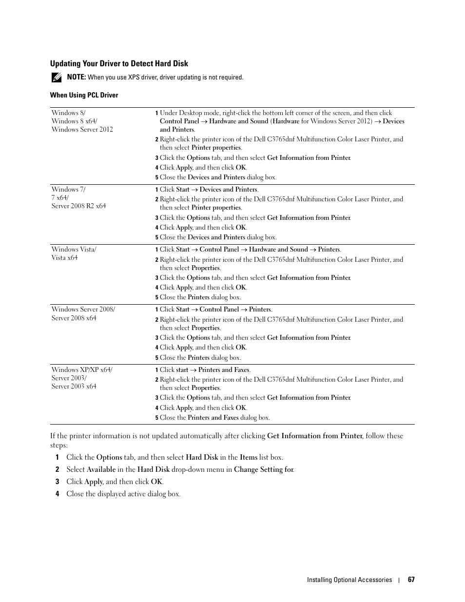 Updating your driver to detect hard disk | Dell C3765dnf Color Laser Printer User Manual | Page 69 / 578