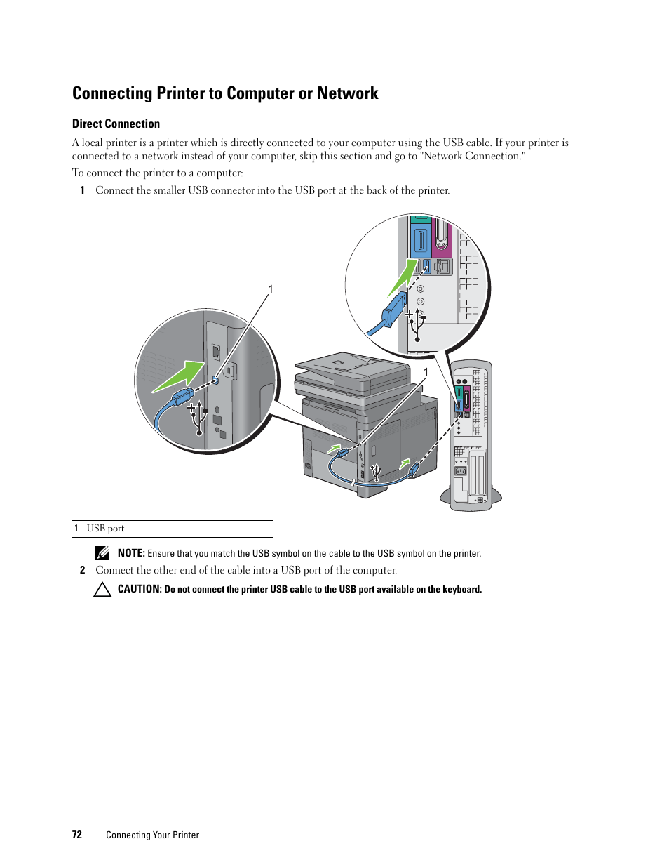 Connecting printer to computer or network, Direct connection | Dell C3765dnf Color Laser Printer User Manual | Page 74 / 578