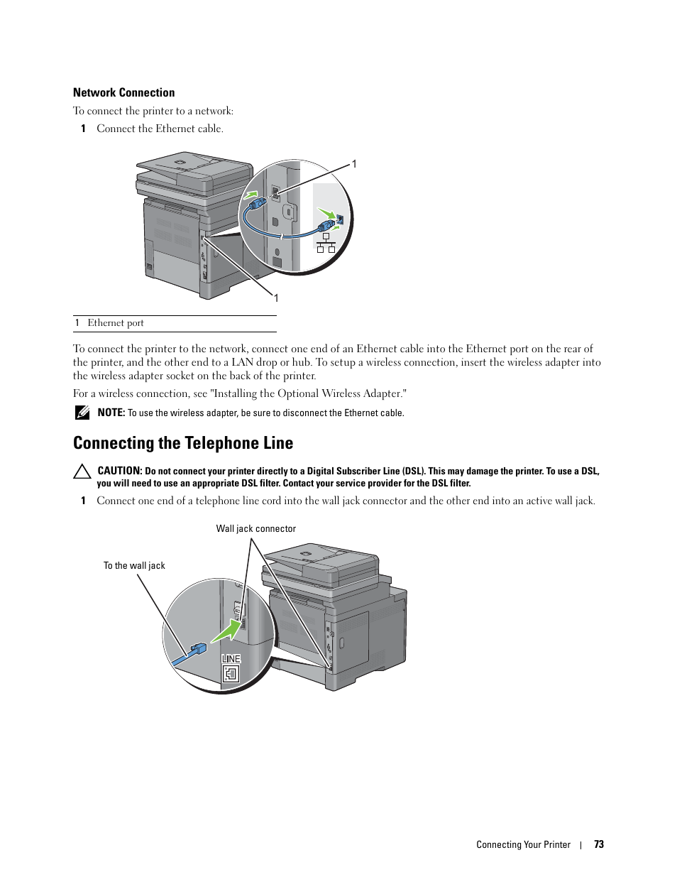 Network connection, Connecting the telephone line | Dell C3765dnf Color Laser Printer User Manual | Page 75 / 578